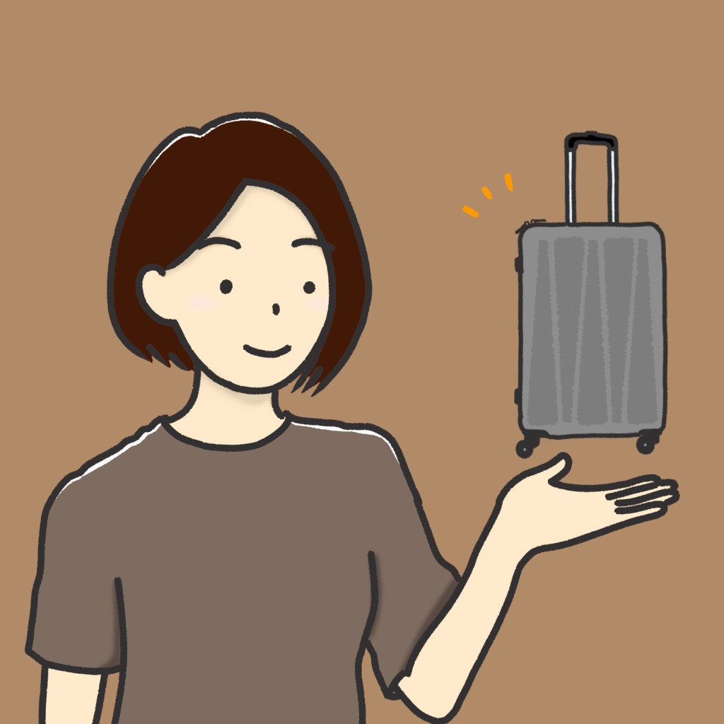ぽちゃまるのプロフィールイラスト。スーツケースを手に載せた女性。